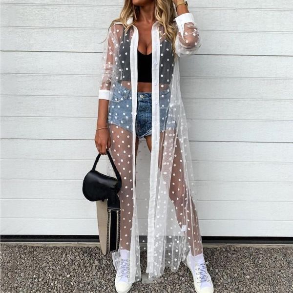 

women's swimwear woman's polka dot beach smock lapel long sleeve mesh perspective cover up for daily life and vacation, White;black
