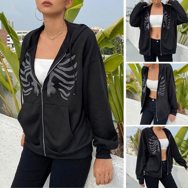 

women's jackets fashion 2021 street long sleeve hooded zipper rib rhinestone casual black sweatshirts autumn outfits, Black;brown