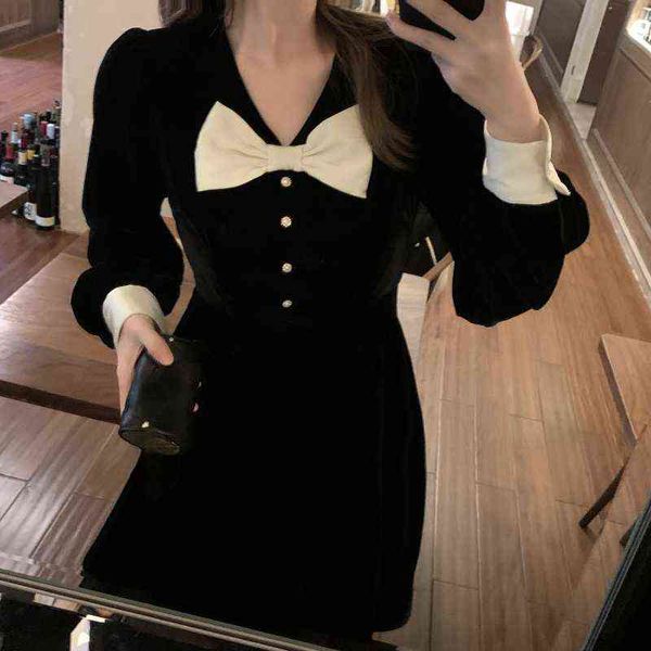 

black velvet midi dress women one piece dress korean fashion casual french vintage dress party 2021 winter bow kawaii clothing y1204, Black;gray