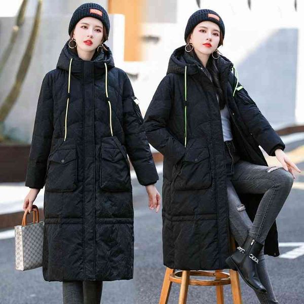 

down jacket women's winter middle long 2021 new white duck down knee, Black