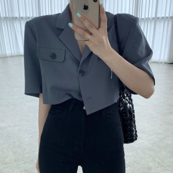 

jacket spring summer women short coat half sleeve single breasted loose turn-down collar korean shirt style casual outerwear 3pze vop6, Black;brown