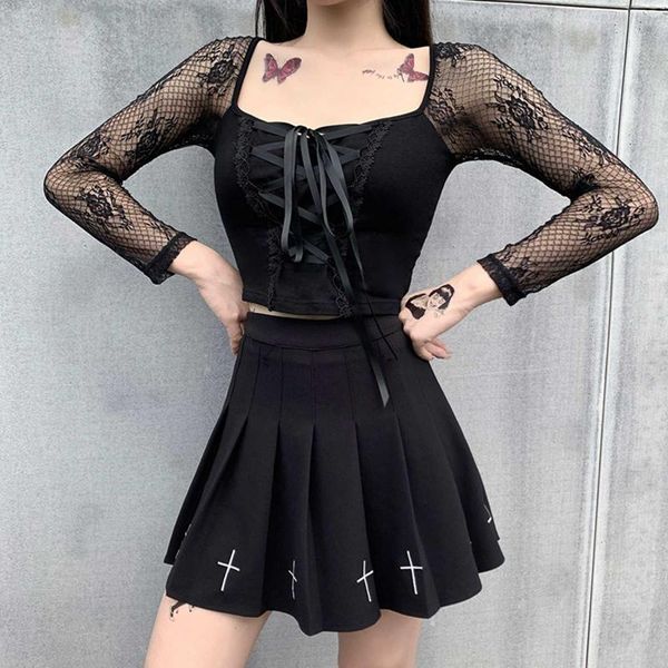 

women's t-shirt harajuku girls short\long sleeve punk crop gothic lace patchwork slim club women mesh tee street 2021 chic, White