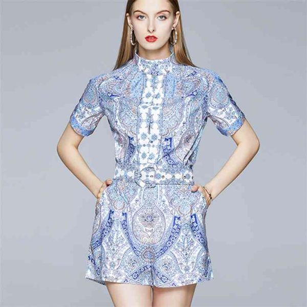 

summer fashion suit chiffon flower print pants set vintage two piece women shirt belted pocket shorts suits 2 210514, White