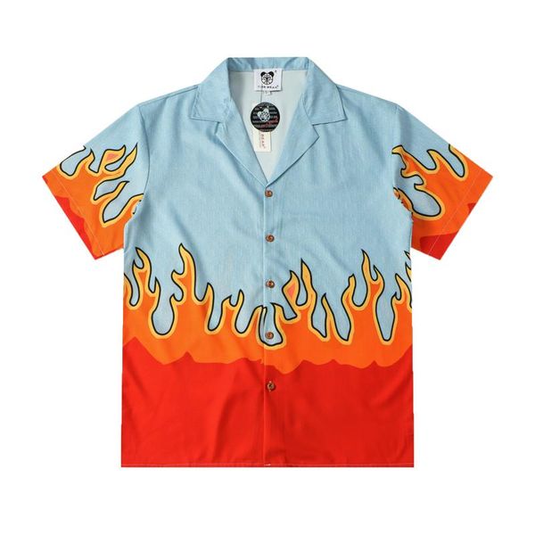 

hip hop harajuku men shirts flame print loose turn-down collar oversized women summer casual short streetwear men's, White;black