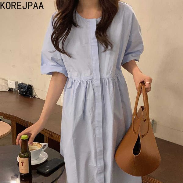 

korejpaa women dress korean chic summer simple fashion round collar pleated loose five-sleeve shirt dress long skirt female 210526, Black;gray