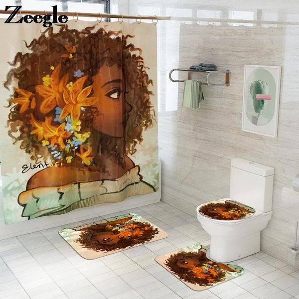 

bath mats bathroom decoration mat and shower curtain set african girl print non-slip rugs microfiber waterproof toilet seat cushion