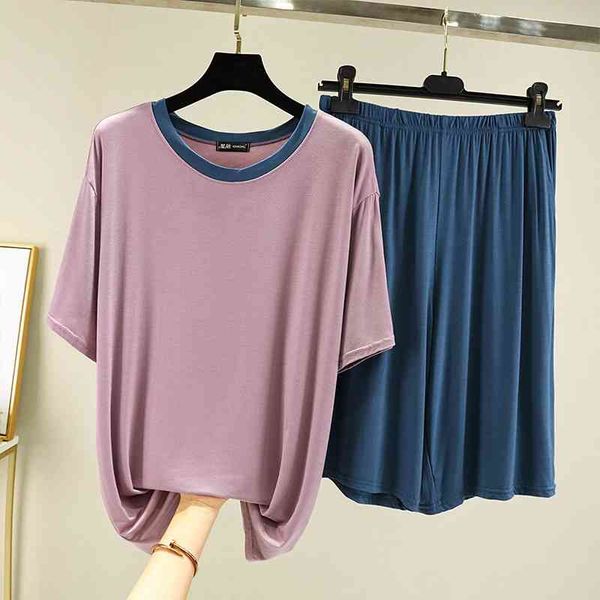 

2021 summer pajamas men's short sleeve modal casual suit two piece loose sports large shorts home wear2021, Light purple + dark blue