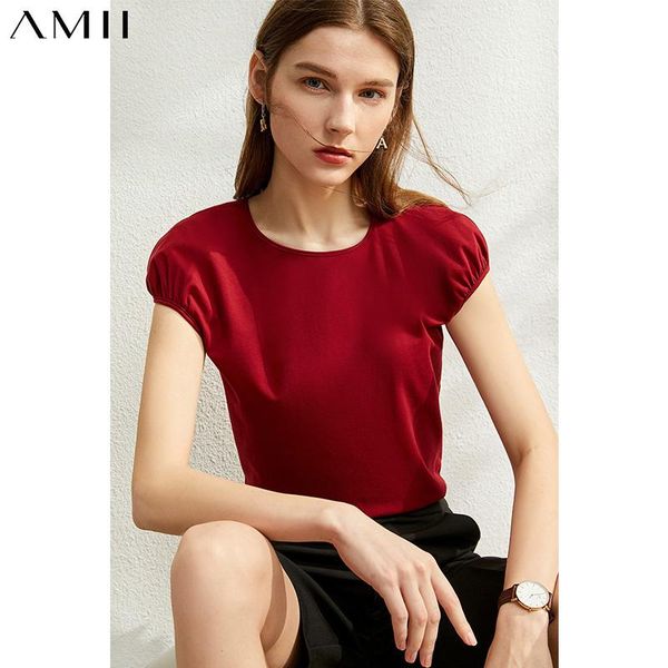 

amii minimalism women's summer tshirt offical lady solid oneck lantern sleeve fashion causal tshirts 12040194 t-shirt, White