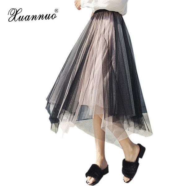 

skirts xuannuo women ball gown skirt spliced tulle asymmetric lady contrast color fashion style long sweet layered 2021, Black