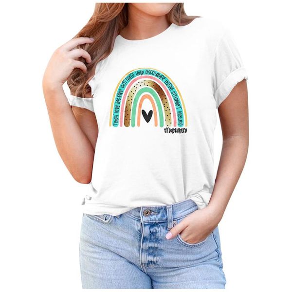 

women's t-shirt rainbow print letter printed t-shirts o-neck femme short sleeve woman tshirts casual loose tee shirt 2021, White