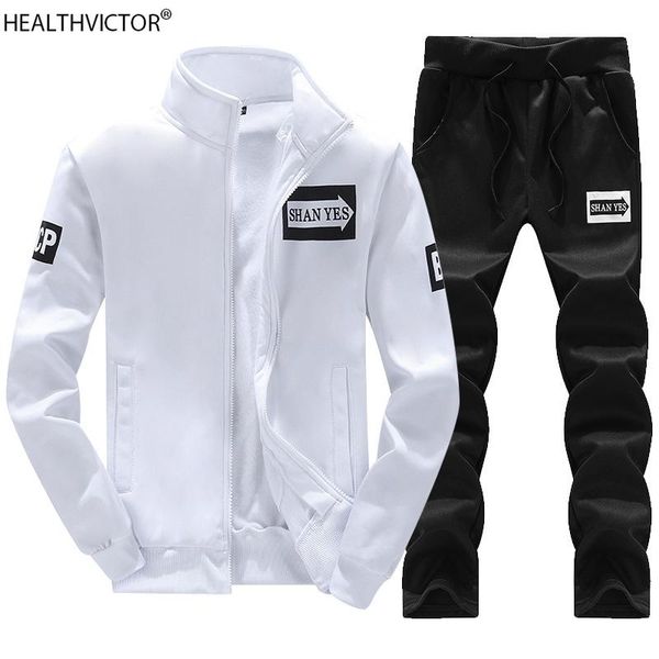 

gym clothing two piece casual outdoor hiking long sleeve baseball men sport suit set zipper stand collar young man sweatshirt pants sweatsui, White;black