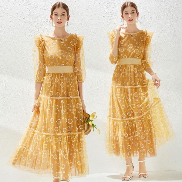 

casual dresses simgent mesh ruffle dress women puff sleeeve a line elegant party flower lace up long vestidos dames jurken sg17174, Black;gray