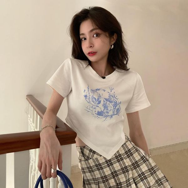 

women's t-shirt 2021 summer korean irregular design sense round neck short-sleeved women short retro printing all-match, White