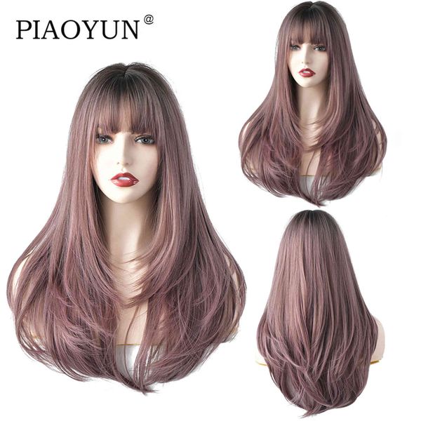 

pink brown long straight hair black daily wig aa grade synthetic for women selling european and american, Black;brown