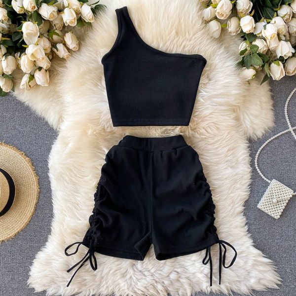 

women's shorts knitted one-shoulder short 2 piece set drawstring suit female sets casual korean tracksuit ladies 1gdv, White;black