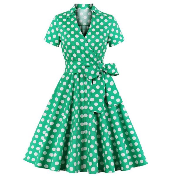 

party dresses hepburn short sleeve women summer dress office slim fit s-4xl plus size ladies cotton vintage rockabilly green polka dot, White;black