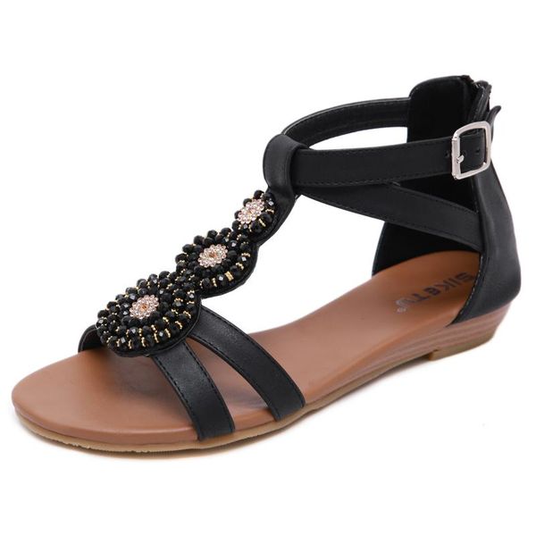 

kmeioo summer strong zinc national sandals bohemian beaded lady flat shoes frosted ladies roman style women's, Black