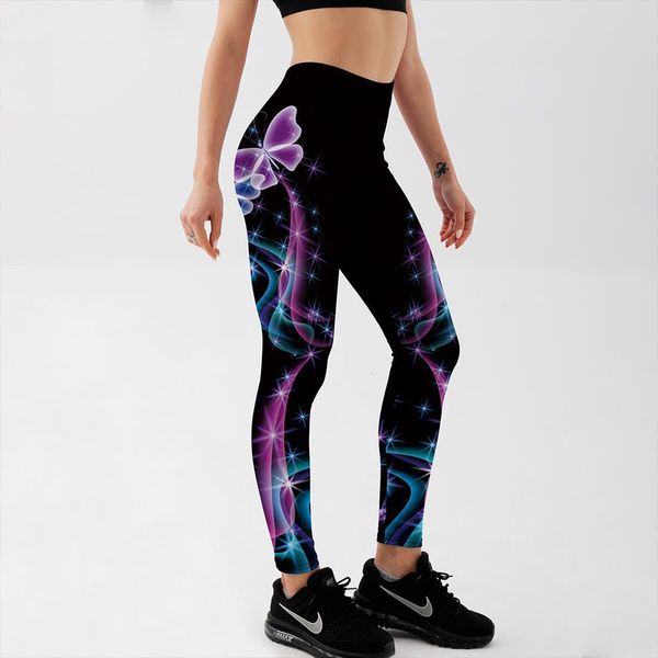 

fitness workout push up women legging fashion digital print blue green fluorescent butterfly jeggings pants, Black