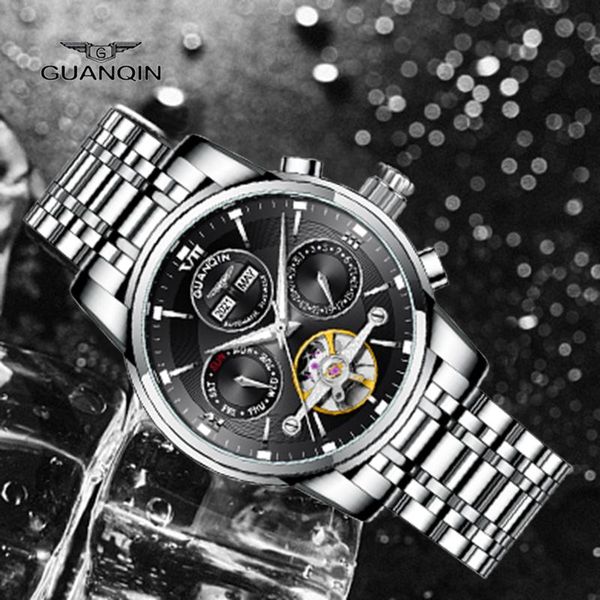 

wristwatches guanqin rose gold blue case watch multifunctional calendar dial business men's mechanical automatic stainless steel, Slivery;brown