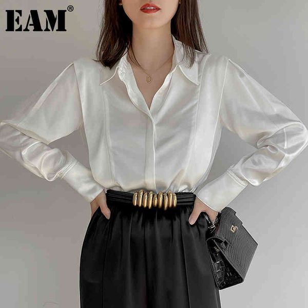 

[eam] women white silky acetate casual blouse lapel long sleeve loose fit shirt fashion spring summer 1dd7331 210512