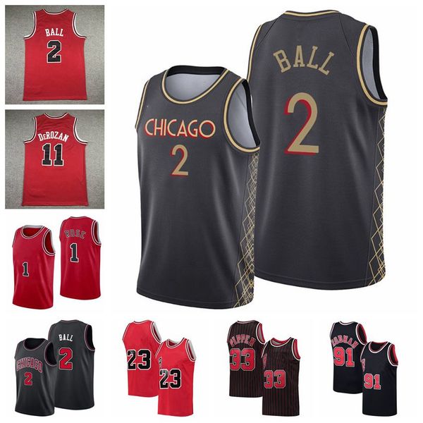 

chicago's bulls's 2 lonzo ball basketball jersey zach 8 lavine 1 derrick rose 11 demar derozan jerseys mens 23 mj dennis 91 rodman, Black;red