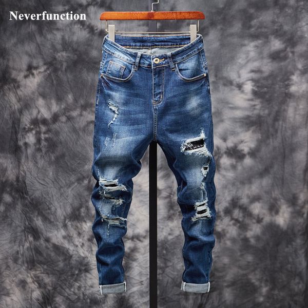 

new men ripped destroyed casual slim fit jeans fashion streetwear big holes hip hop male cotton beggar denim harem pants 210320, Blue