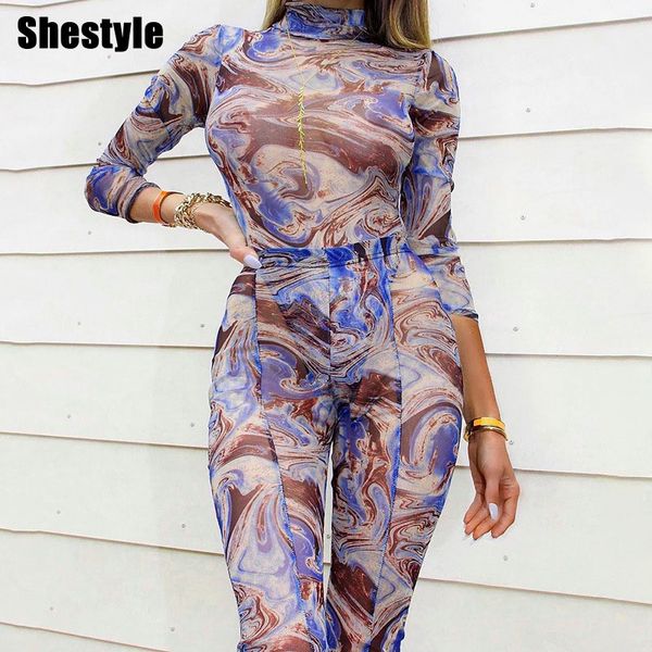 

shestyle mesh transparent universe printed body women 2021 spring mock neck stand collar colorful 2 pieces sets popular bodysuitin, Black;white