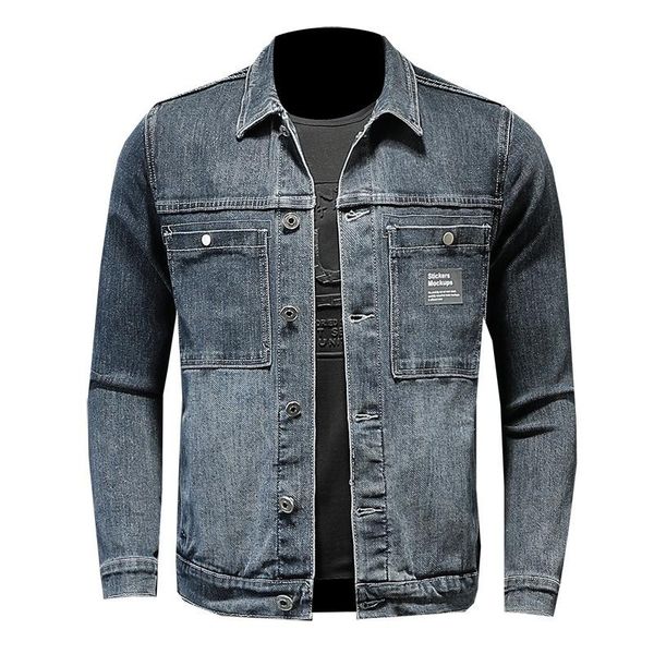 

men's jackets blue denim casual jacket men straight jeans stretch long sleeve turn-down collar outerwear streetwear many pockets coat, Black;brown