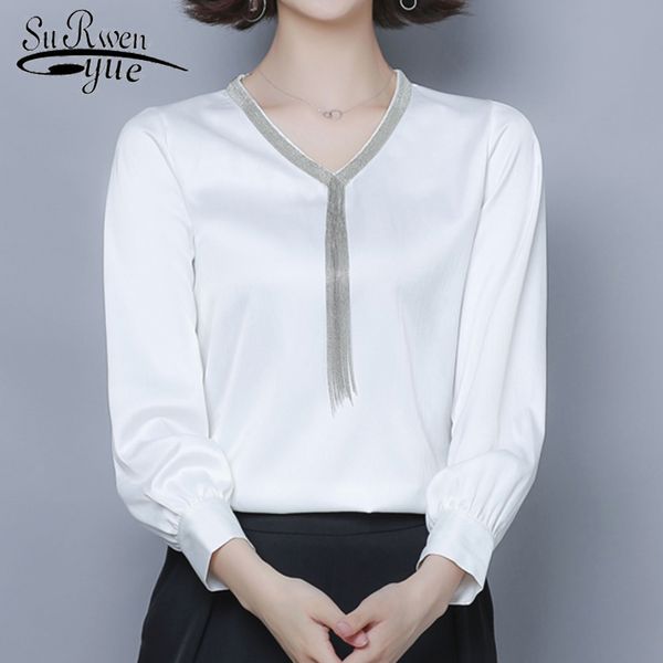 

women blouse tassel shirt women's fashion temperament long sleeve slim chiffon chemisier femme 6701 50 210427, White