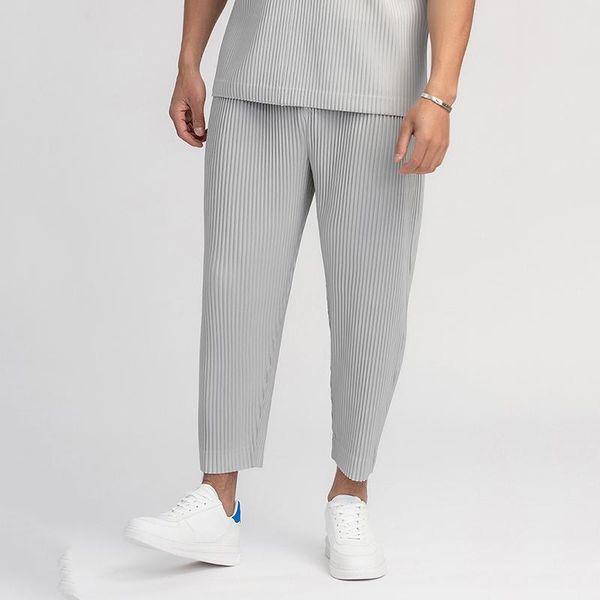 

men's pants ewq / wear pleated trousers for male japanese stretch fabric thin style loose drawstring casual ankle-length 9y3050, Black