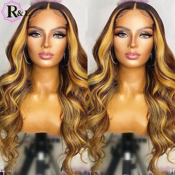 

lace wigs rulinda highlight ombre color 13x4 front human hair with baby body wave 180% density brazilian remy wig, Black;brown