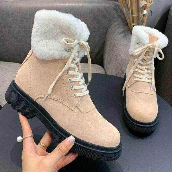 

boots lambswool snow boot non-slip short splice lace-up ski cow suede platform winter metal decoration women's shoes, Black
