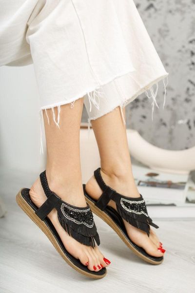 

sandals women black tassels thong