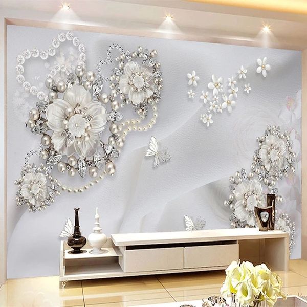 

Custom 3D Mural European Style Luxury Relief Pearl Jewelry Flower Photo Wallpaper Living Room Bedroom Waterproof, Sliver
