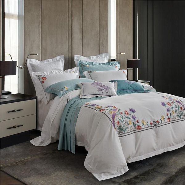 

bedding sets flowers blossom embroidery on white set  king size sheet egyptian cotton bed linen 4pcs