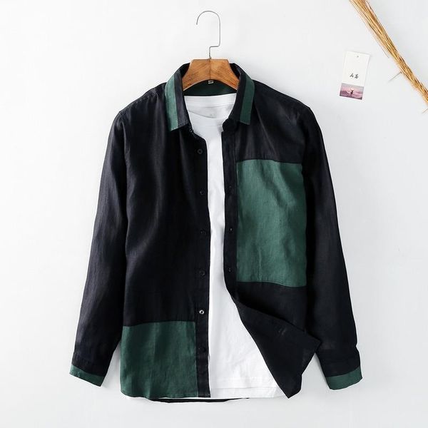 

men's clothing 2021 fall style linen long sleeve shirt personality stitching casual camisas para hombre shirts, White;black