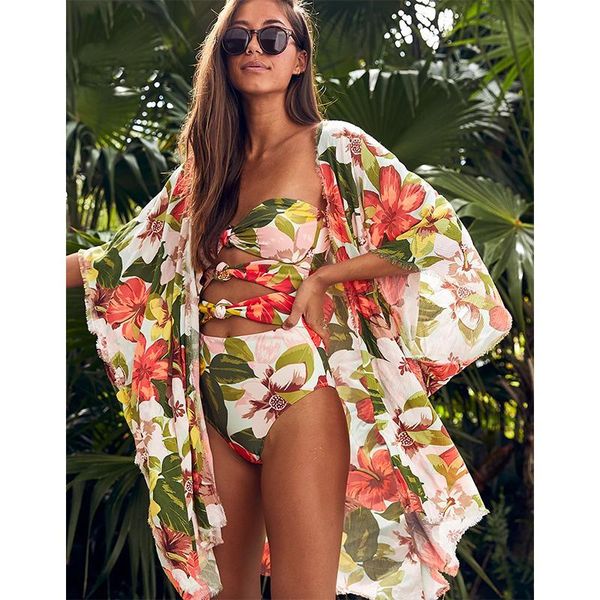 

beach wear print bikini swimwear women wrap skirt swimsuit high waist 2021 cover up sarong plage bathing suit women's, White;black