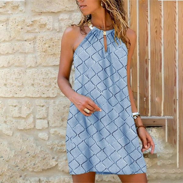 

summer metal halter a-line women dress light blue sleeveless pullover neck-mounted mini casual dresses, Black;gray