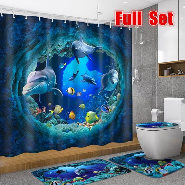 

shower curtains 3d ocean design dolphin waterproof fabric bathroom curtain set anti-skid rugs toilet lid cover bath mat
