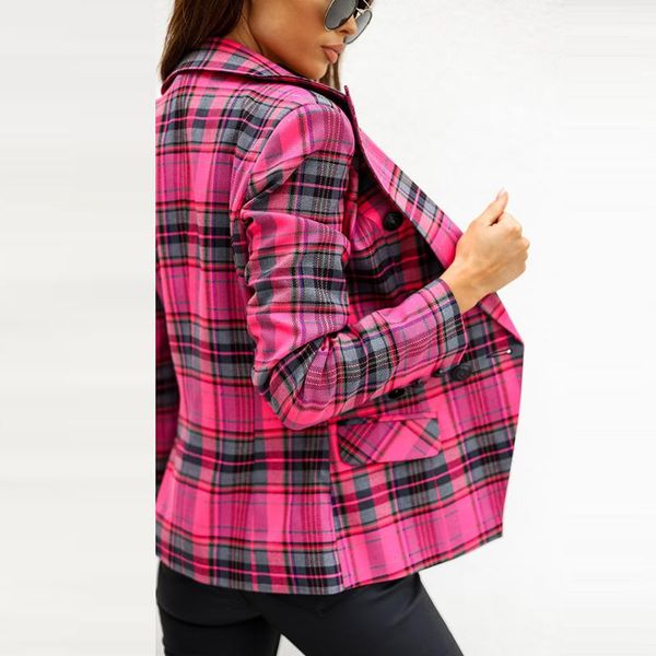 

women's jackets retro slim double breasted cardigan fashion streetwear plaid printed suit autumn long sleeves casual lapel elegant coat, Black;brown