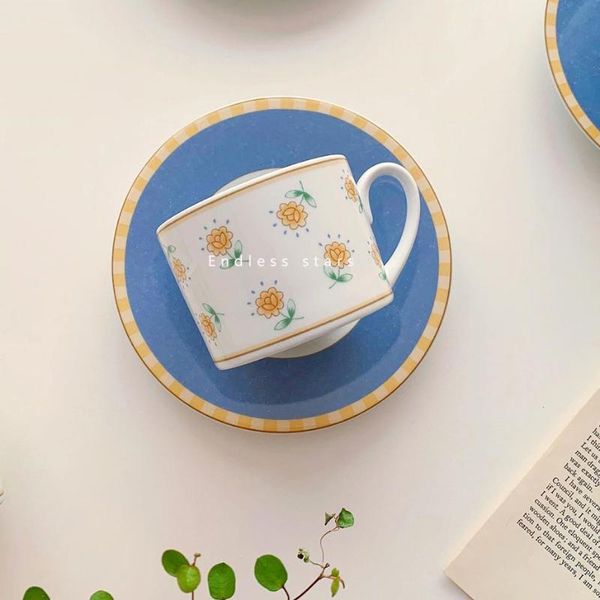 

cups & saucers art vintage cup cartoon cute mug coffee sticker yellow tea porcelain fincan set luxury