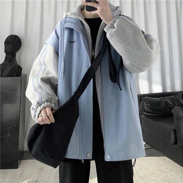 

men's wool & blends men 's korean style fake two - pieces coats loose baseball uniform top, Black