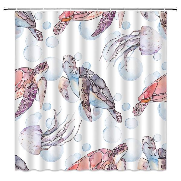 

watercolor sea turtle shower curtain cartoon animals aquatic creature floating turtle jellyfish decor sea animal theme,fabric