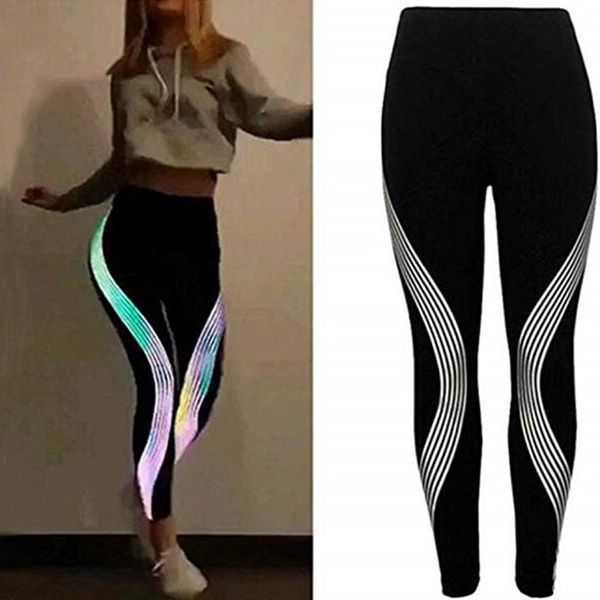 

yoga outfit rainbow reflective leggings women's casual slim compression pants social media glowing dancing fitness stretch