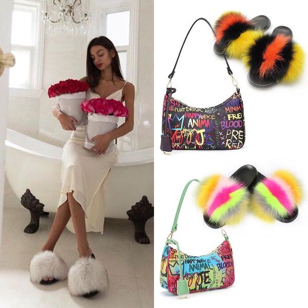 

summer ladies underarm bags with fashion raccoon fur slippers luxury slides candy shoulder fluffy girl purse, Black