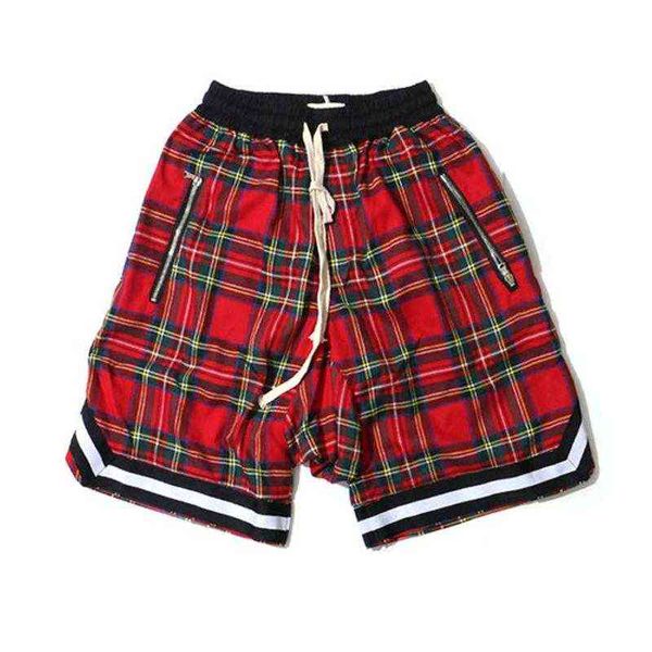 Erkek İskoç Ekose Şort Büyük Boy Baggy Şort Streetwear Mesh Tartan Bırak Crotch Şort Erkekler Yan Zip Streç Diz Boyu H1210