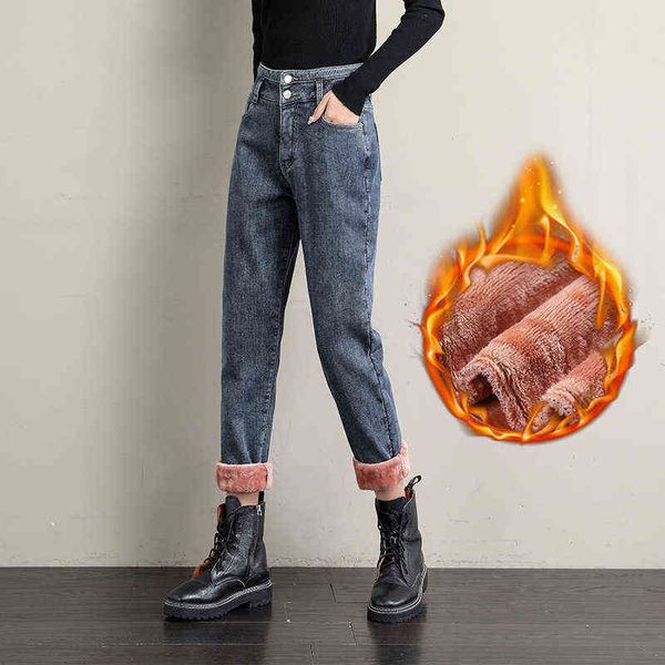 

plush thickened jeans women's winter 2021 high waist thin radish dad harlan pants, Black;white