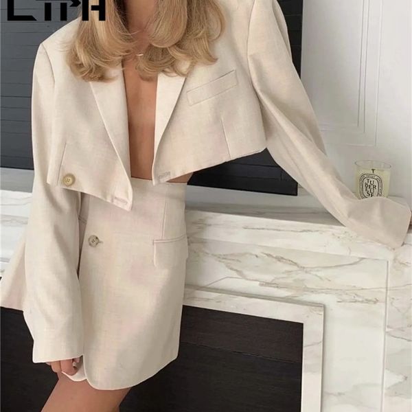 

ltph vintage simple women's sets fashion temperament lapel blazer high waist slim mini a-line skirt skirt suits autumn 210423, White;black