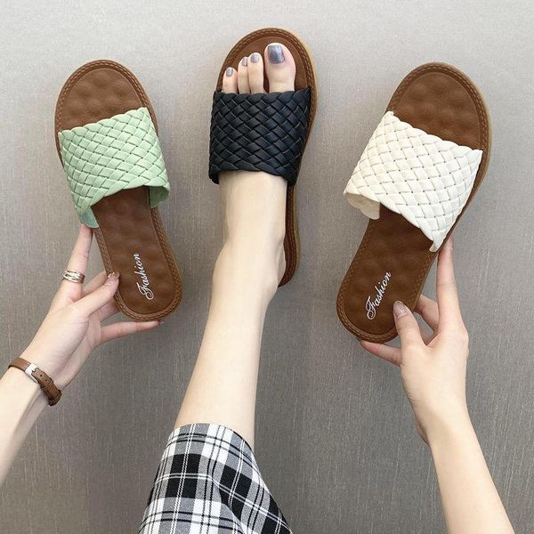 

slippers lisapie women's summer 2021 breathable korean version simple weave beach shoes fashion flat fairy style slides, Black