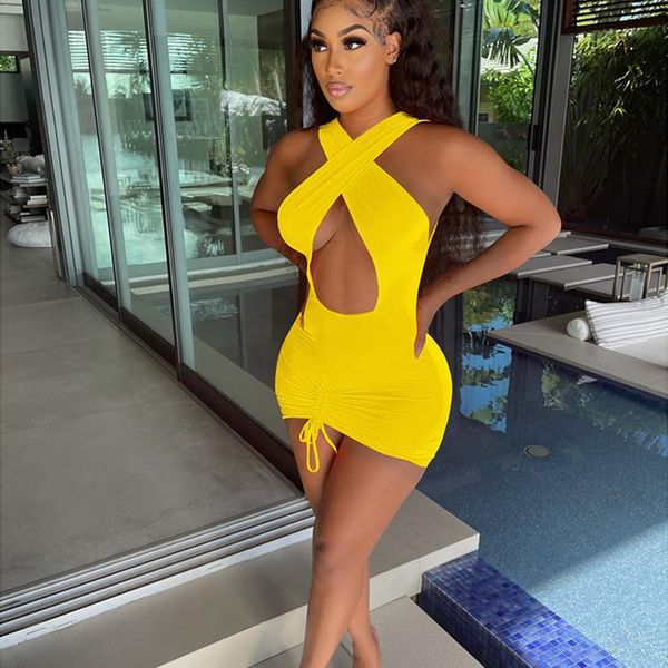

casual dresses hirigin ruched night party dress 2021 club outfits for women cut out cross halter backless summer cute mini bodycon, Black;gray